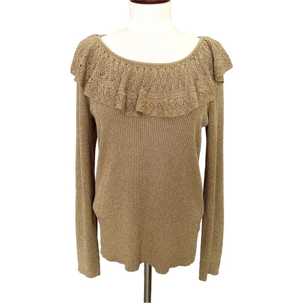 Lauren Ralph Lauren Silk Blend Gold Metallic Sweater Ribbed Ruffle Womens XL
